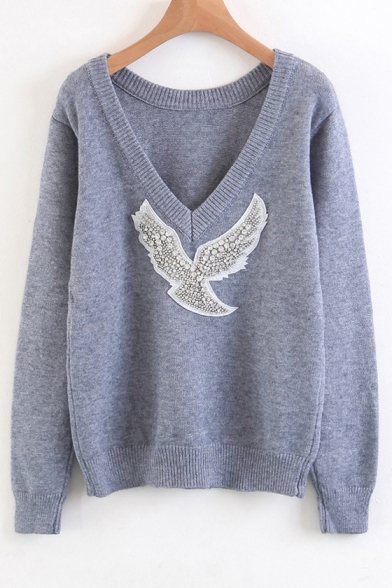 New Fashion Beading Bird Pattern V Neck Long Sleeve Pullover Sweater