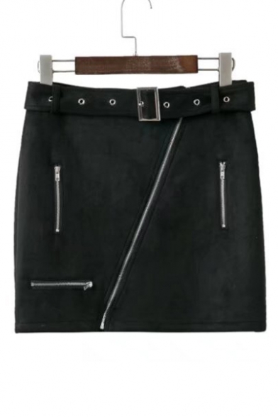 New Fashion Belt Waist Oblique Zipper Placket Mini Plain Skirt