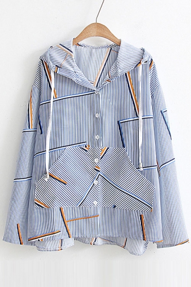 New Fashion Striped Pattern Hooded Long Sleeve Buttons Down Sun Coat