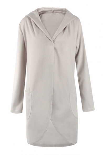 Simple Hooded Long Sleeve Open Front Plain Tunic Coat with Two Pockets