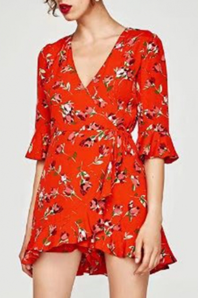 Summer's Holiday Fashion Floral Pattern V Neck Half Sleeve Rompers