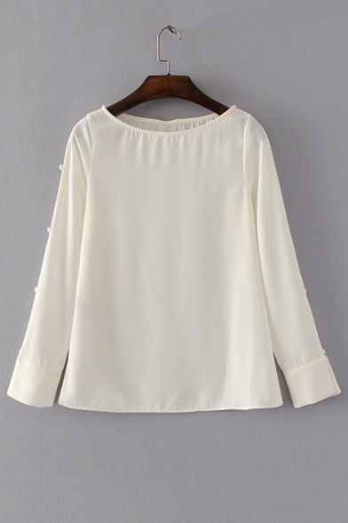 Basic Simple Plain Boat Neck Long Sleeve Loose Casual Pullover Blouse
