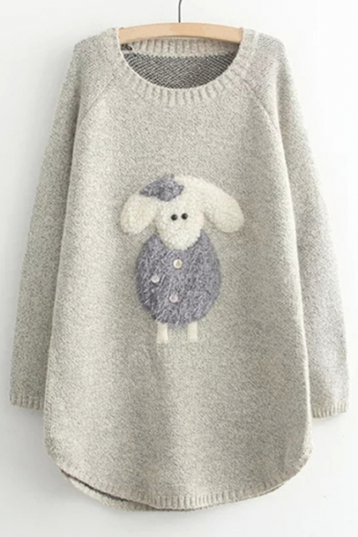 Cartoon Lovely Little Sheep Patched Round Neck Long Sleeve Tunic Sweater