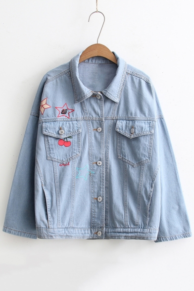 Casual Graphic Printed Lapel Long Sleeve Single Breasted Denim Jacket