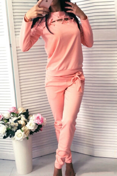 Casual Leisure Simple Plain Sports Round Neck Long Sleeve Sweatshirt with Pants