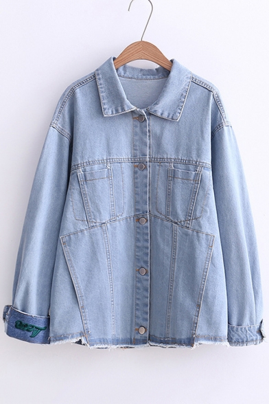 Chic Embroidered Cuff BF Style Lapel Collar Buttons Down Denim Jacket