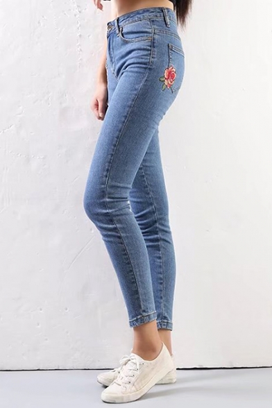 Chic Floral Embroidered Side High Waist Skinny Jeans