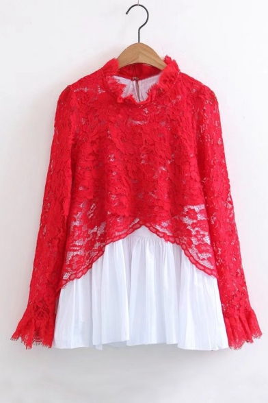 Chic Lace Inserted Round Neck Long Sleeve Color Block Pullover Blouse