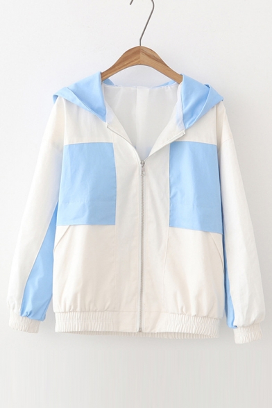 Color Block Hooded Zip Fly Embroidery Letter Pattern in Back Coat