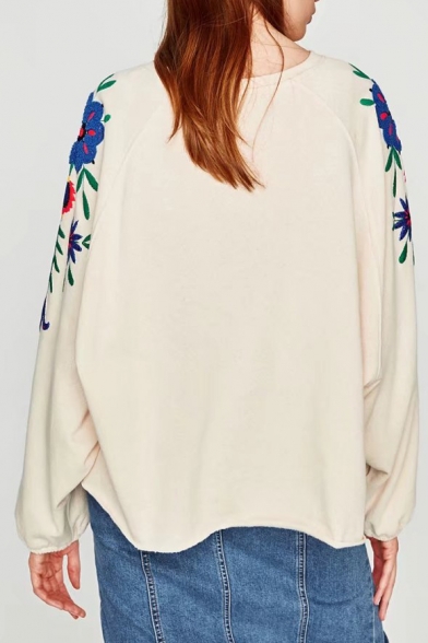 Embroidery Floral Raglan Long Sleeve Round Neck Pullover Sweatshirt