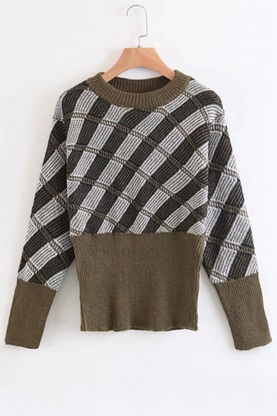 Fashion Color Block Plaids Pattern Round Neck Long Sleeve Sweater