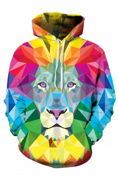 Geometric Lion Color Block Printed Long Sleeve Hoodie