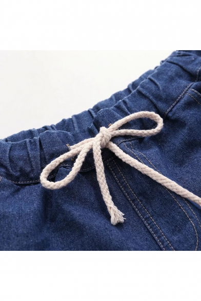 Letter Embroidered Drawstring Waist Loose Casual Jeans