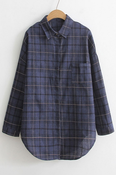 Loose Lapel Long Sleeve Single Breasted Plaid Shirt with One Pocket