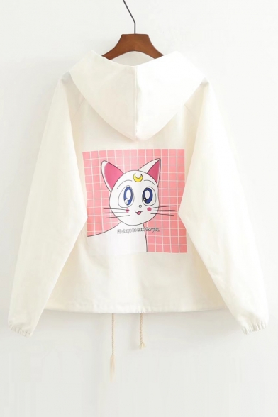 Lovely Cartoon Cat Pattern Back Hooded Long Sleeve Buttons Down Coat
