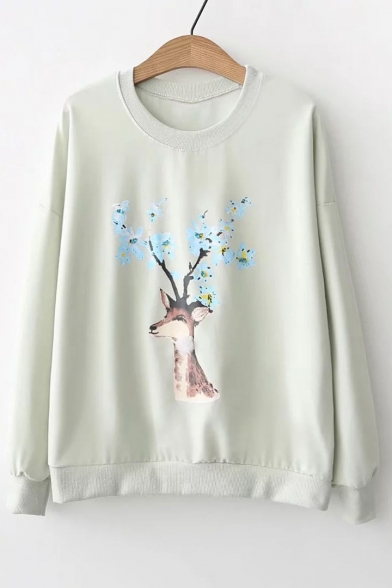Lovely Deer Floral Printed Long Sleeve Round Neck Pullover Sweatshirt