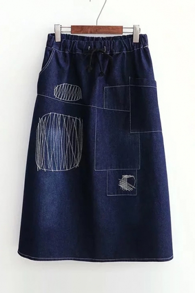New Arrival Fashion Geometric Sketch Drawstring Waist Midi A-Line Denim Skirt