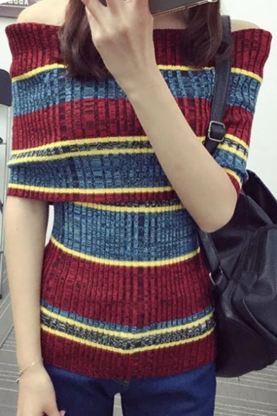 New Arrival Off the Shoulder Half Sleeve Striped Color Block Pullover Sweater