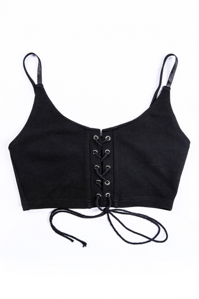 New Sexy Spaghetti Straps Grommet Lace-Up Cropped Plain Cami Top