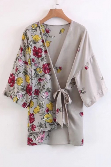 New Stylish Asymmetric Hem Floral Printed Long Sleeve Tied Wrap Top