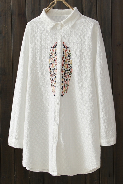 New Trendy Chic Embroidered Lapel Collar Long Sleeve Tunic Shirt