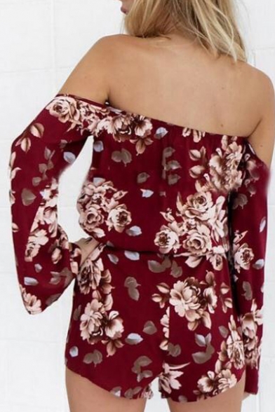 New Trendy Sexy Off The Shoulder Long Sleeve Floral Pattern Beach Rompers
