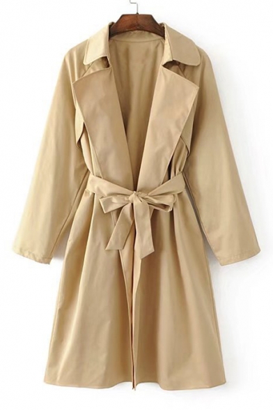 Notched Lapel Collar Long Sleeve Open Front Simple Plain Trench Coat with Waistband