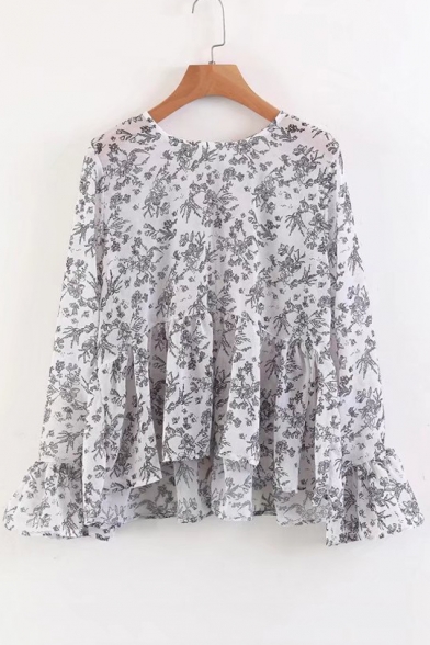 Round Neck Flared Long Sleeve Floral Printed Comfort Chiffon Pullover Blouse