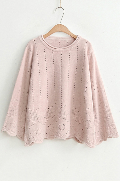 Simple Plain Casual Loose Fashion Hollow Out Long Sleeve Round Neck Sweater