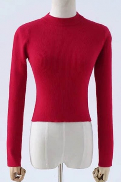 Simple Round Neck Long Sleeve Plain Cropped Pullover Sweater