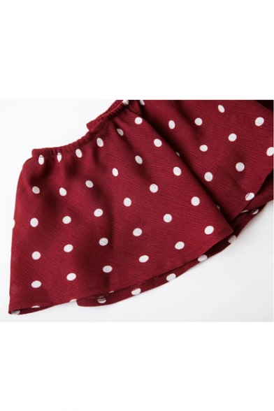 Summer's Fashion Polka Dot Pattern Off The Shoulder Ruffle Hem Top with Slit Side Maxi Skirt