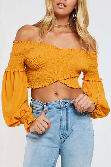 Summer's Hot Fashion Sexy Off The Shoulder Puff Long Sleeve Plain Cropped Blouse