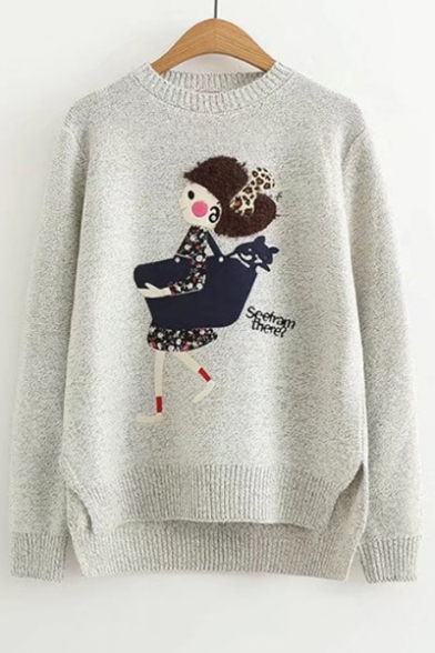 Sweet Cartoon Girl Embroidered Dipped Hem Round Neck Long Sleeve Sweater