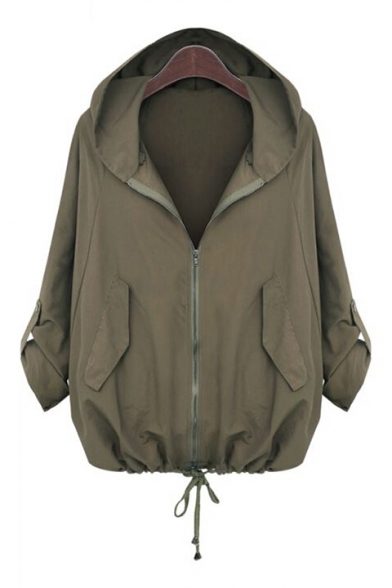 Basic Simple Plain Loose Leisure Hooded Long Sleeve Zip Up Casual Coat