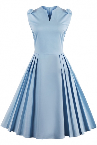Basic Simple Plain V Neck Sleeveless Vintage Pleated Midi Flared Dress