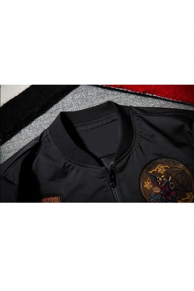 Fashion Cartoon Skull Letter Patched Stand-Up Collar Zip Up Bomber Jacket