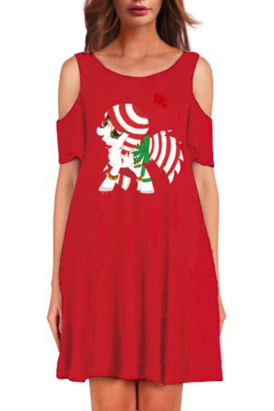 Fashion Christmas Cartoon Horse Pattern Short Sleeve Midi T-Shirt Dress