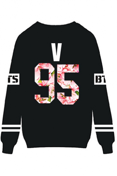 Fashion Floral Letter Printed Long Sleeve Round Neck Pullover Sweatshirt