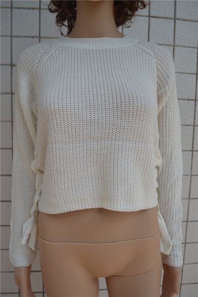 Fashion Grommet Lace-Up Side Long Sleeve Round Neck Basic Plain Sweater