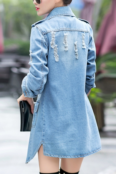 Fashion Ripped Out Simple Plain Long Sleeve Lapel Collar Buttons Down Denim Coat