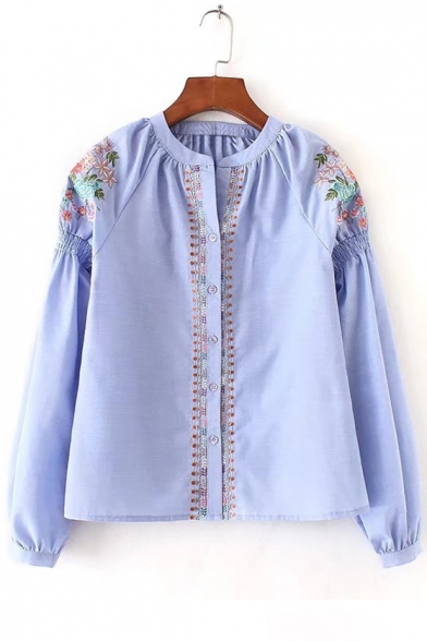 Floral Embroidered Ruched Collar Cap Shoulder Long Sleeve Button Down Shirt