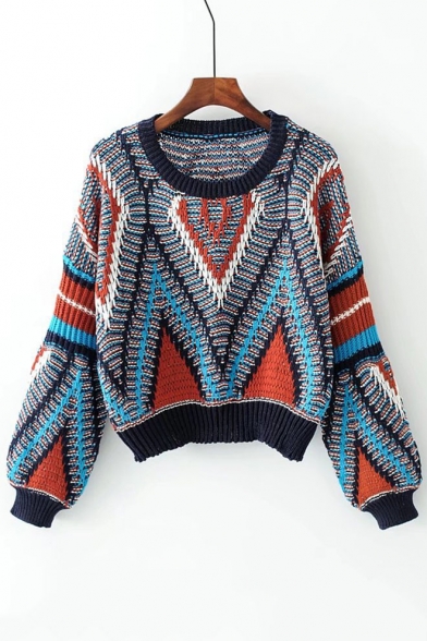 New Arrival Fashion Color Block Long Sleeve Round Neck Pullover Sweater