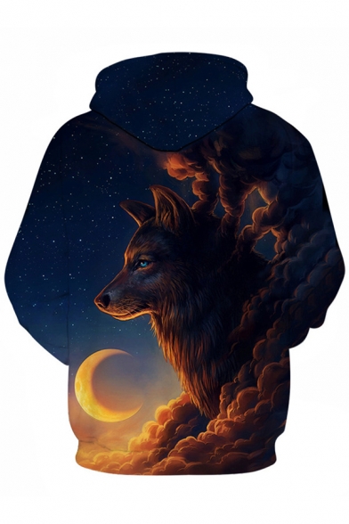 New Collection 3D Moon Wolf Pattern Loose Long Sleeve Hoodie with Pockets