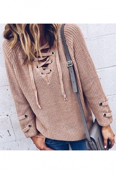 Basic Simple Plain Sexy Lace-Up V Neck Long Sleeve Pullover Sweater