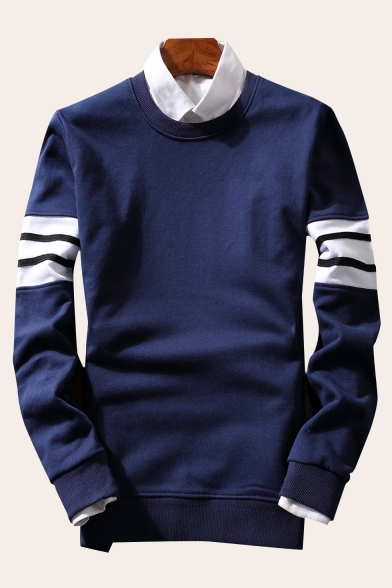Color Block Striped Pattern Round Neck Long Sleeve Cotton Comfort Sweatshirt