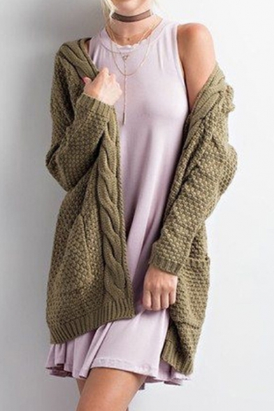 Fashion Cable Knit Open Front Long Sleeve Basic Simple Plain Cardigan with Double Pockets