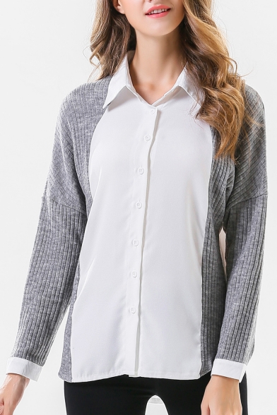 Fashion Color Block Knit Patchwork Long Sleeve Lapel Collar Buttons Down Shirt