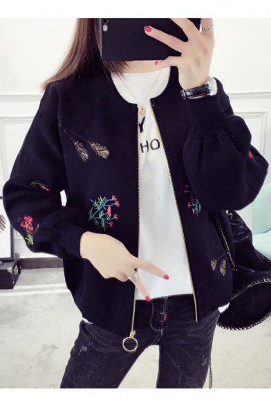 Fashion Floral Embroidered Round Neck Long Sleeve Zip Up Cardigan