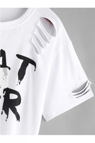 Fashion Ripped Out Letter Pattern Short Sleeve Round Neck Crop T-Shirt
