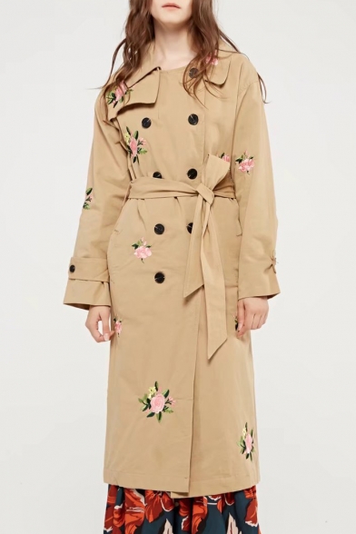 Floral Embroidered Notched Lapel Collar Long Sleeve Double Breasted Trench Coat